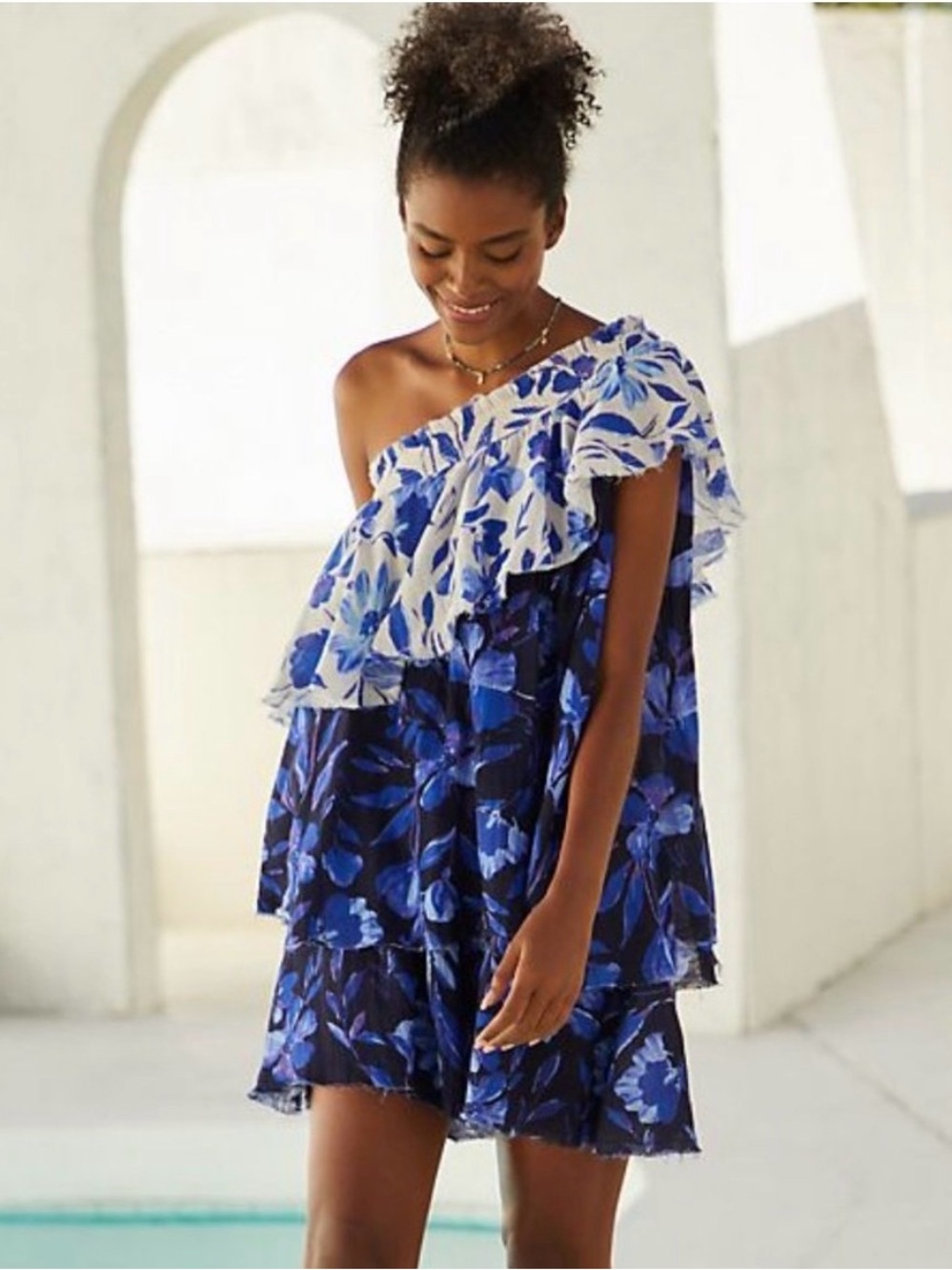 Anthropologie Floral One-Shoulder Ruffle Dress - XL
